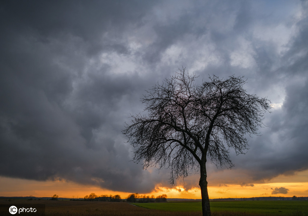 德国勃兰登堡州日落风情 夕阳迫近地平线霞光晕染