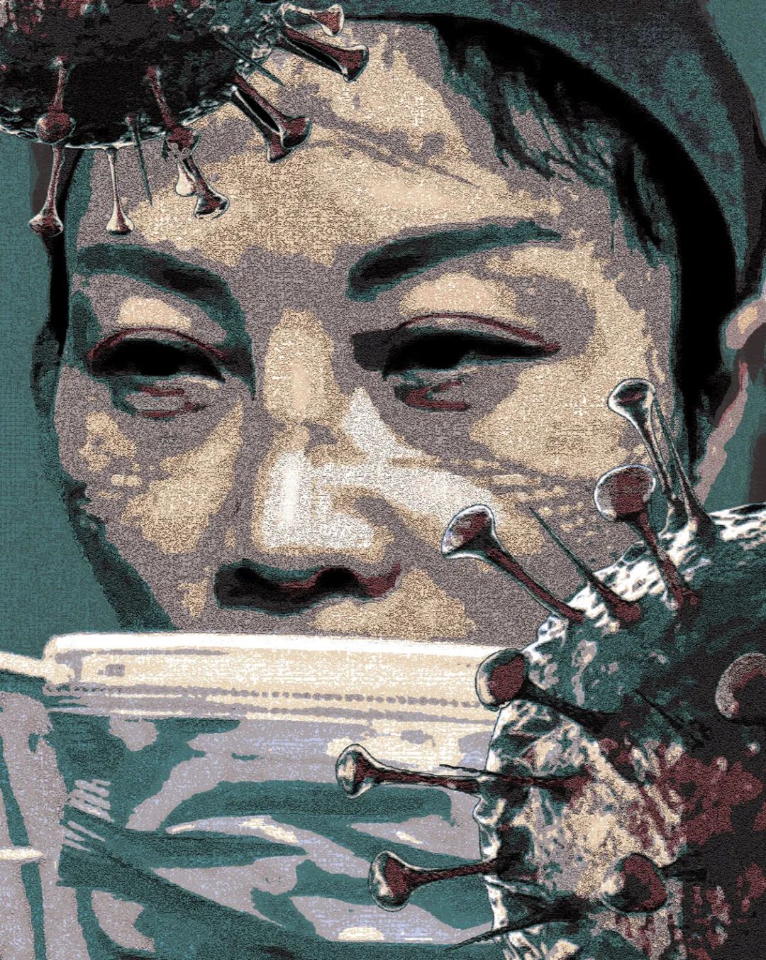 李沅/生命的拷问/版画吕忠敏 /战疫集结/烙画张美燕 / 致敬白衣天使