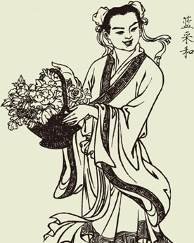 "采和一手把篮挑"的形象,十分符合市井中下层老百姓的生活:蓝采和手挽