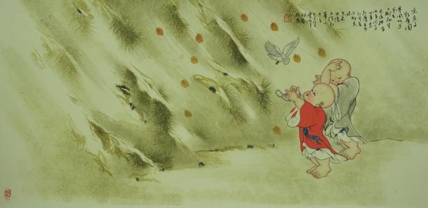 工笔画-树下孤僧醒,林中夜鸟鸣真的很萌_小和尚