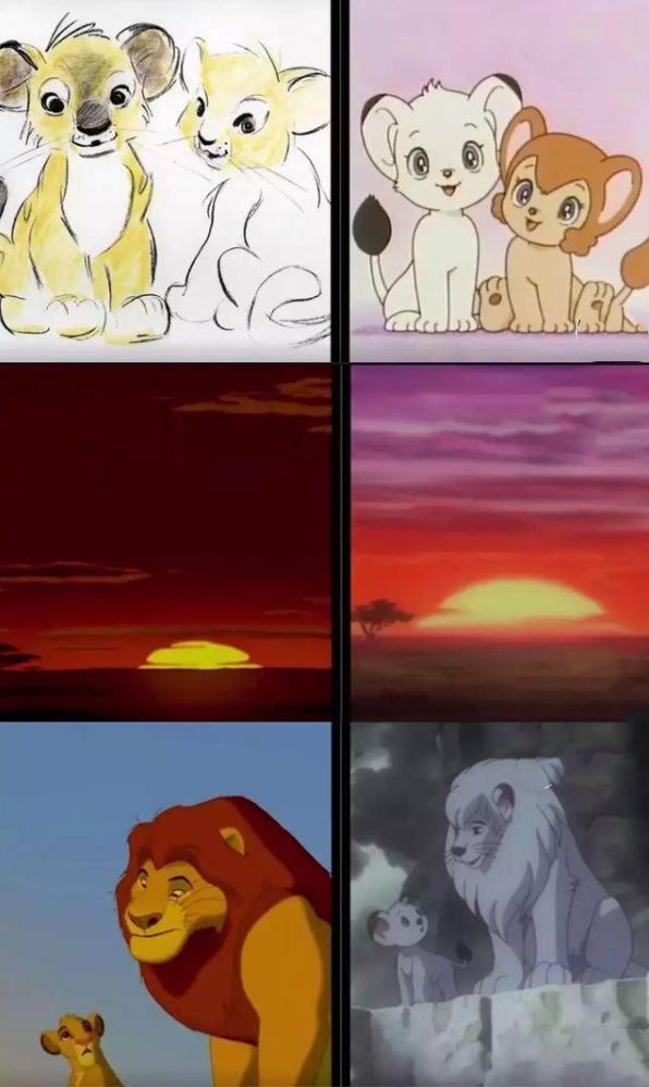 《狮子王》却甭管在人设,分镜,场景,亦或者剧情(《森林大帝》描述白狮