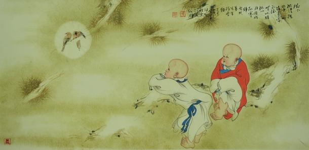 工笔画-树下孤僧醒,林中夜鸟鸣真的很萌_小和尚