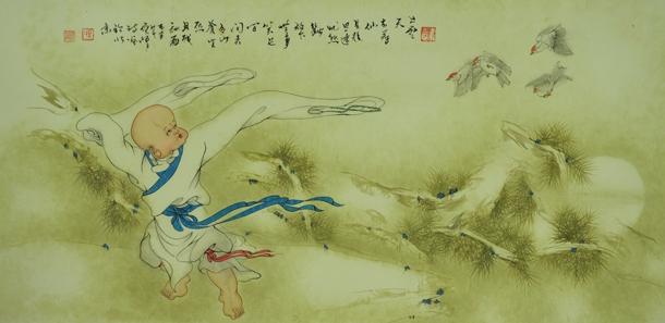 工笔画-树下孤僧醒,林中夜鸟鸣真的很萌_小和尚