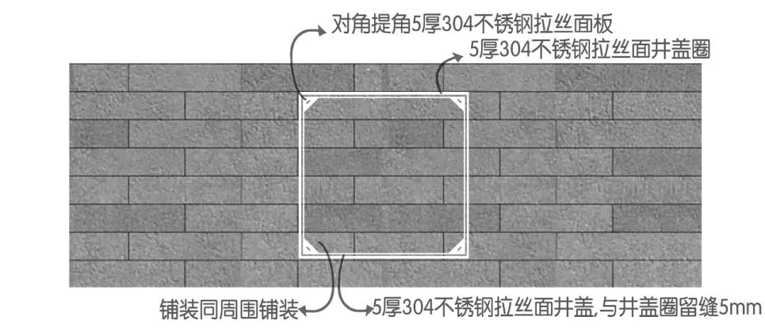▼地面硬铺有井盖的位置必须做不锈钢边框盖板以保证石材与周边材料的