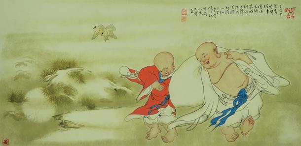 工笔画-树下孤僧醒,林中夜鸟鸣真的很萌_小和尚