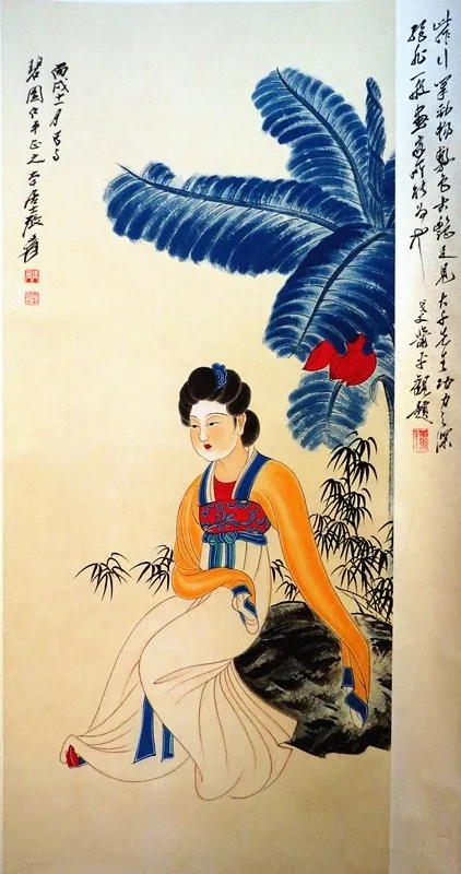 张大千《芭蕉仕女图》除了带来清凉与闲适,芭蕉涵盖了文人墨客的审美