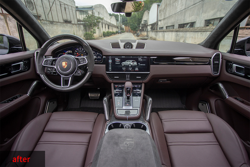 2020款黑色保时捷卡宴改玛莎拉红内饰