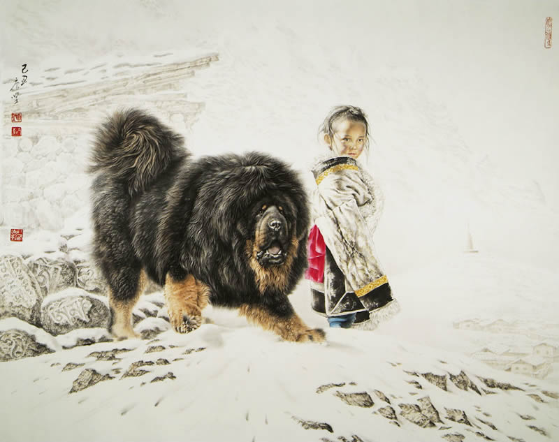 唐坚工笔画雪域藏獒