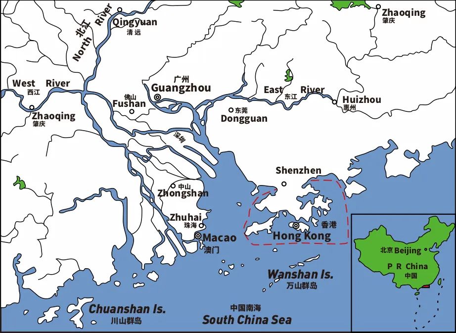 从组成珠江三角洲的水系地图,可观察到西部沿海地区"水资源丰富",而