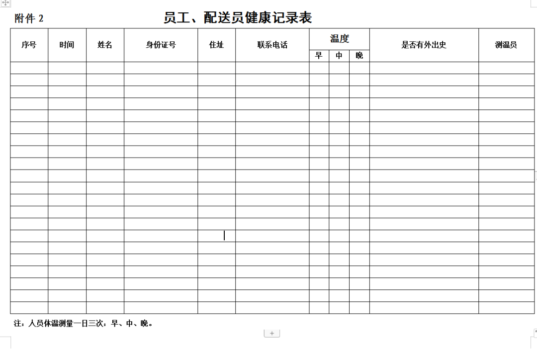 餐饮防疫登记表格式图片