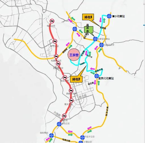 01货车绕行路径:路径1:石龙路—呈黄路—清水收费站路径2:石龙路—春