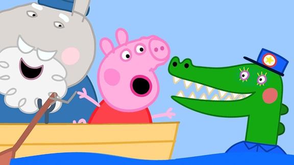小猪佩奇坐船碰到鳄鱼