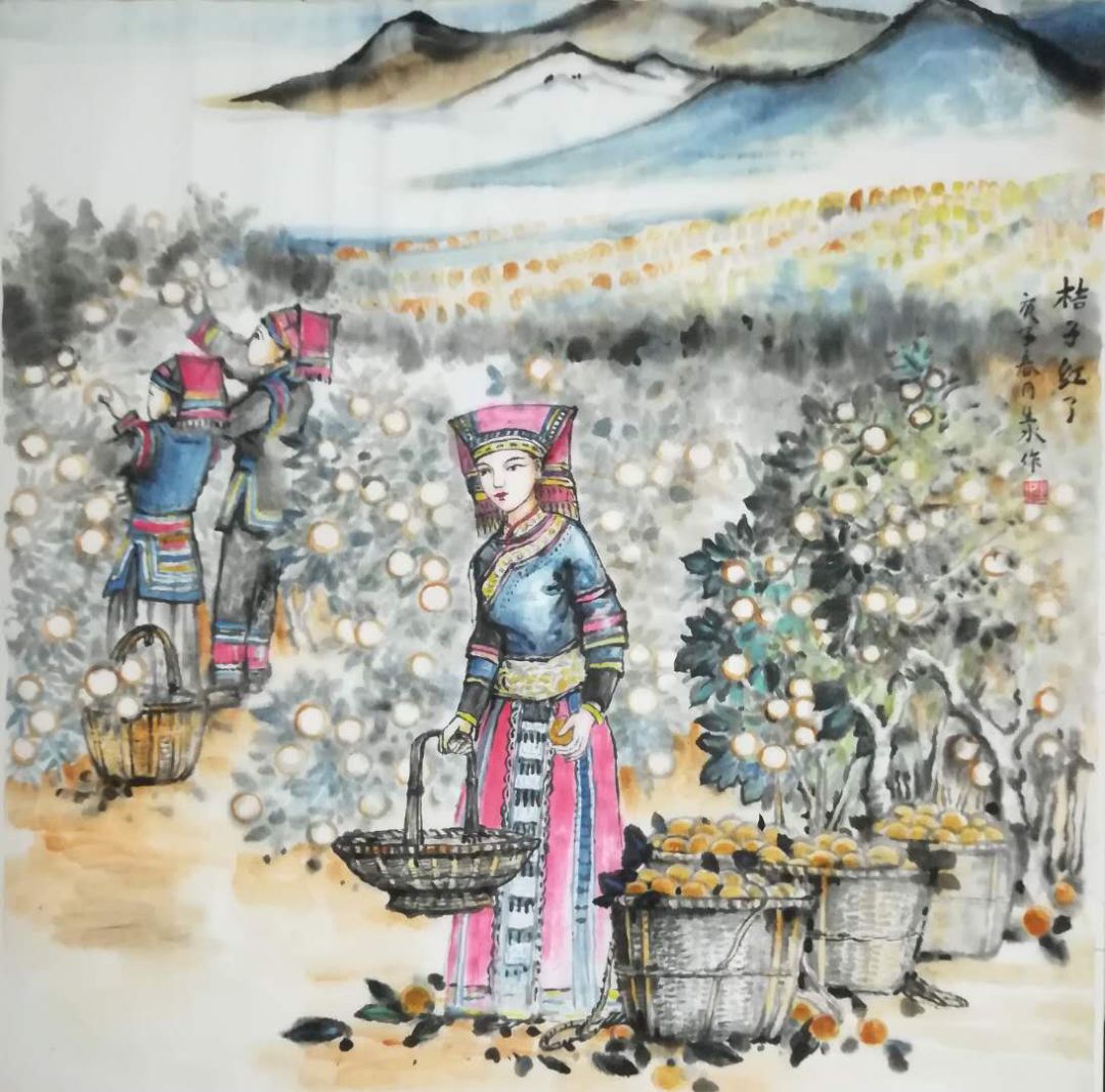 桔子红了,瑶家姑娘采摘忙花开的时候来看我1.4*0.