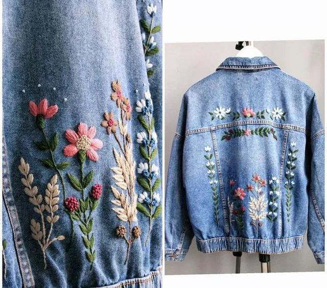 普通的衣物绣上花草图案,变精致了,附手工刺绣针法教程!