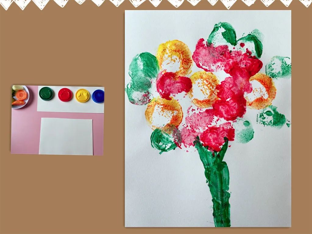 蘸上水彩颜料并在纸上拓印,再进行添画,装饰.