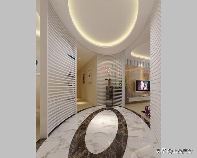 玄关玄关格子隔断式造型,椭圆形的吊顶和椭圆形的地面瓷砖铺贴相映衬