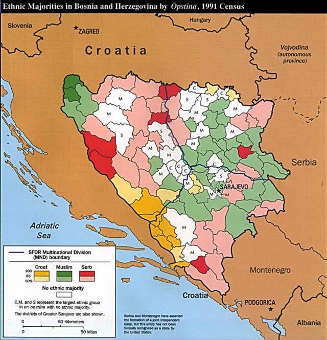 圖片:波黑地圖,被塞爾維亞,克羅地亞和黑山等國所環抱,曾經都是