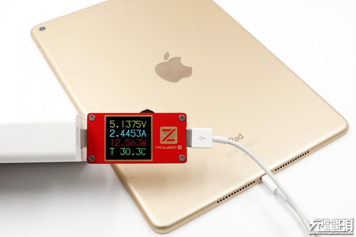 4a快速充電協議,使用usb-a1為ipad air2充電,功率為5.13v 2.44a 12.