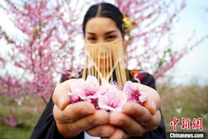 一位身着汉服的女子手捧桃花 王成前 摄