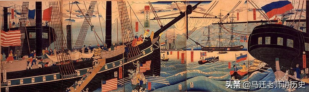 1853年,美国海军准将马休·佩里率舰队驶入日本江户湾浦贺,史称"黑船