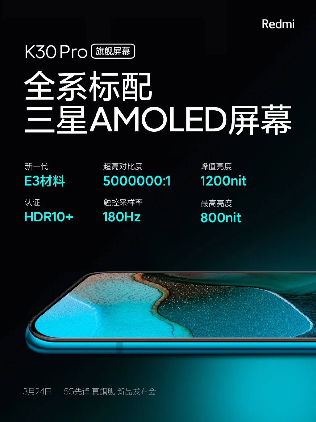 redmi k30 pro屏幕参数公布,全系标配支持护眼