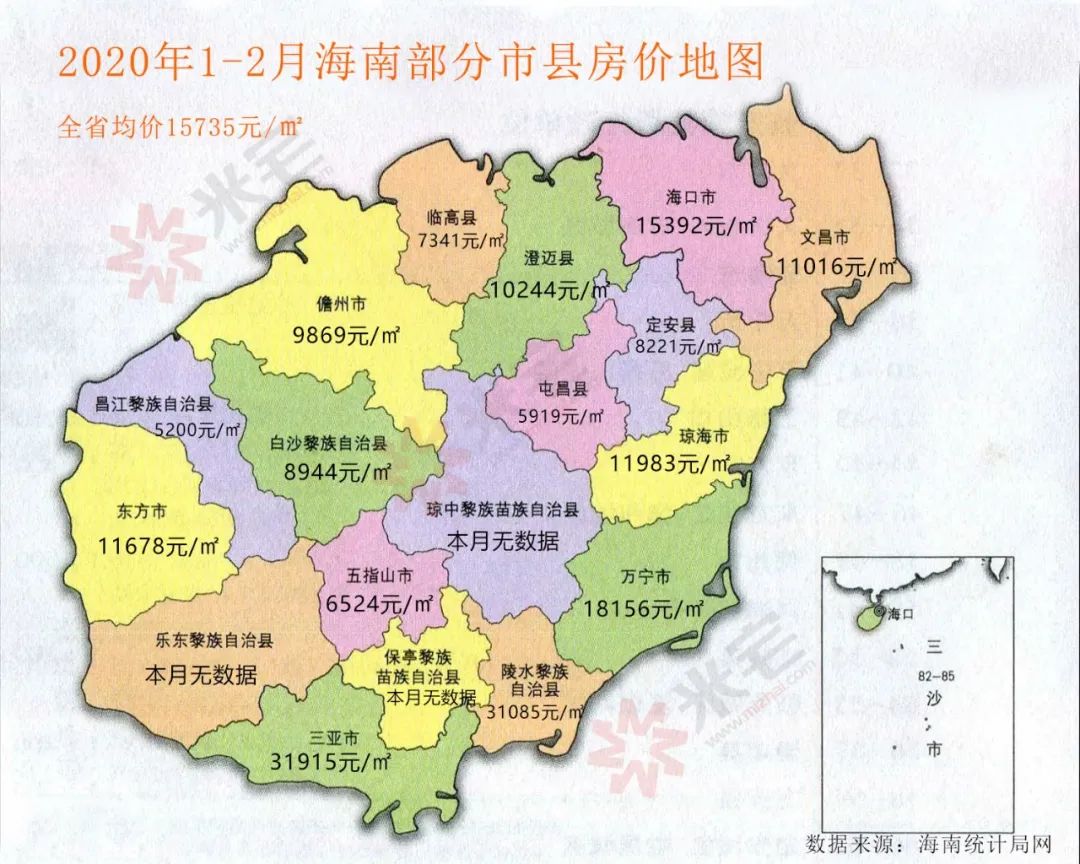 2020年2月海南房价地图三亚量大跌价微涨