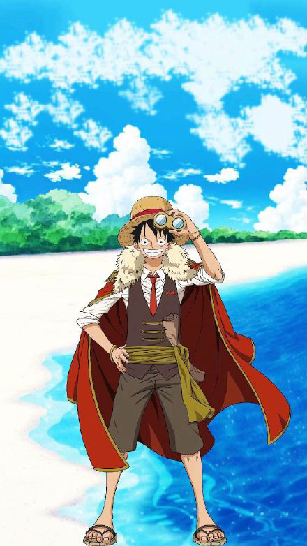 路飞身披红色船长披风,手里拿着望远镜眺望远方,他的腰间还挎着一张