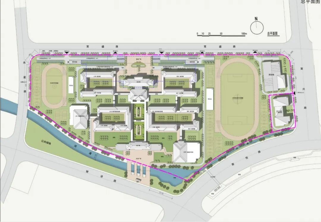 上海外国语大学松江实验学校位于松江区中山街道万达广场北侧,占地155