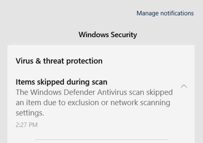 更新导致Windows Defender故障：安全扫描跳过检查项