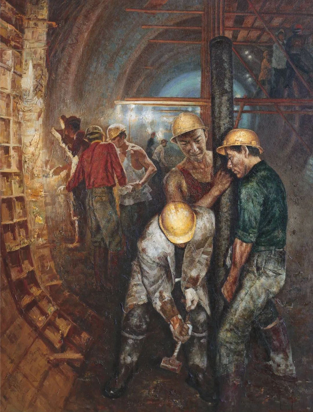 希舜 《地铁建设者》80×100cm 布面油彩 2002年梁宇《工地》24×27cm