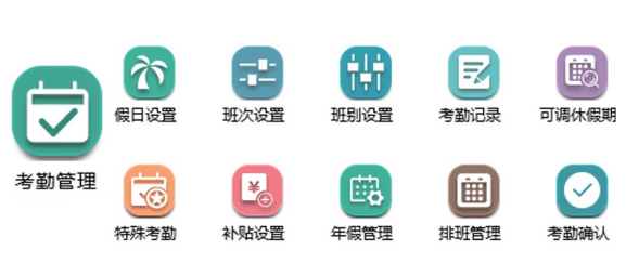 可在此设置班次,班别,假日,年假等基础考勤数据.