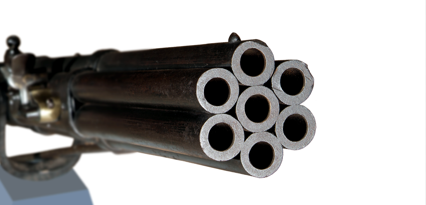 当5,6,7这三发射出之后,1号枪管的第二枚子弹也差不多通过弹丸传火孔