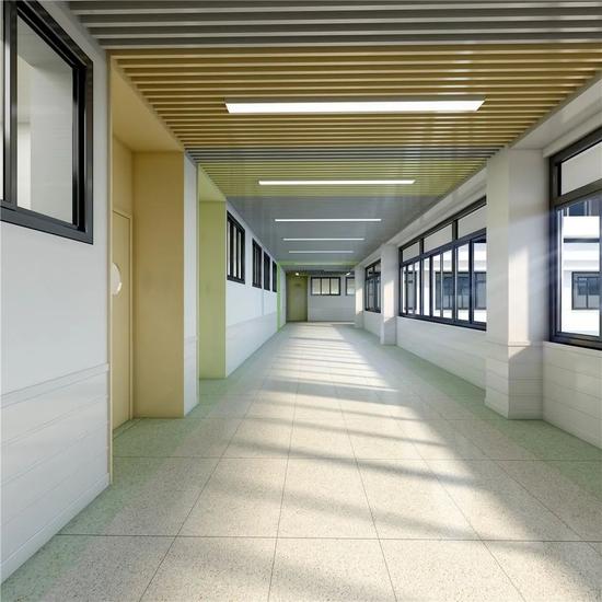 9米,每间教室约80多平米;教学楼共有6层,一层楼有15个教室,走廊通道4