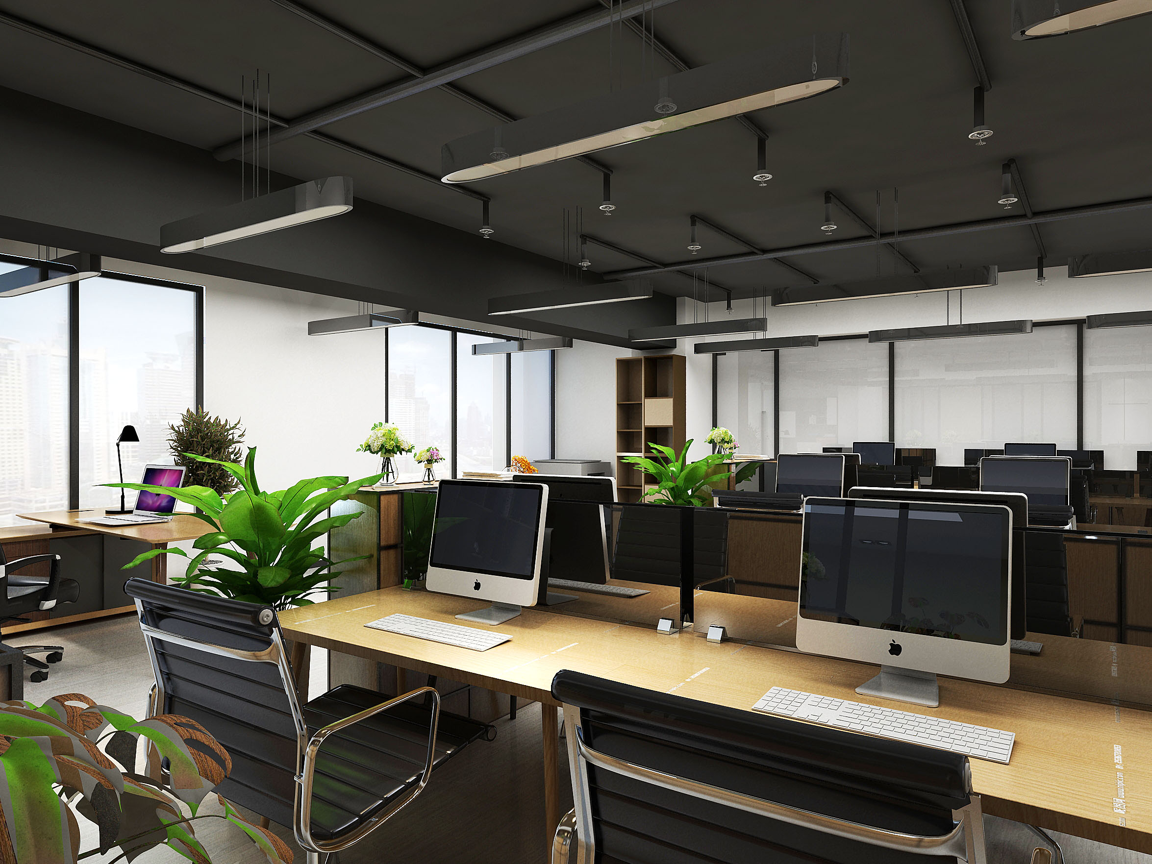 办公室装修设计风格为工业风格,装修报价主要由地面,墙面和吊顶组成