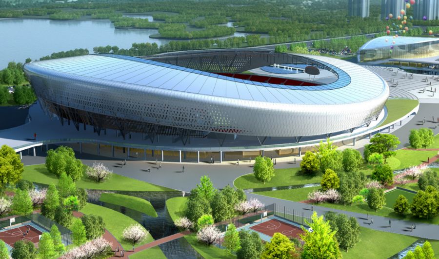 用地布局泰州体育公园体育场建设规模座位为3万座,6000座体育馆,1500