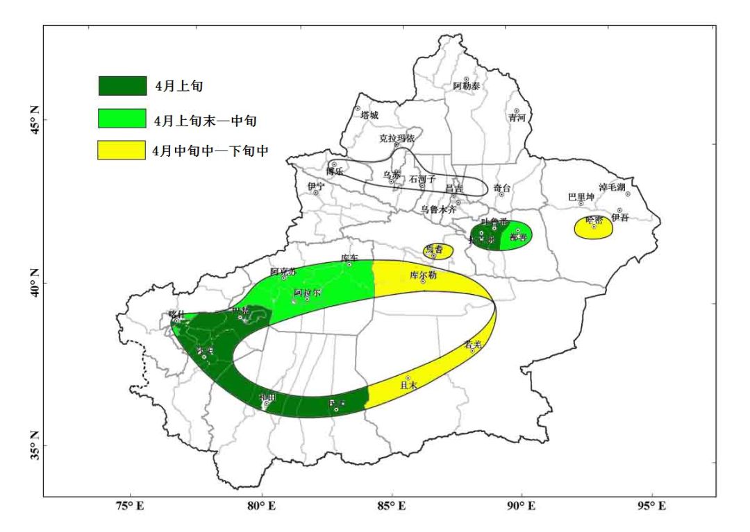 山以北,阿克蘇棉區,克州大部棉區在4月上旬末～中旬;哈密及巴州大部