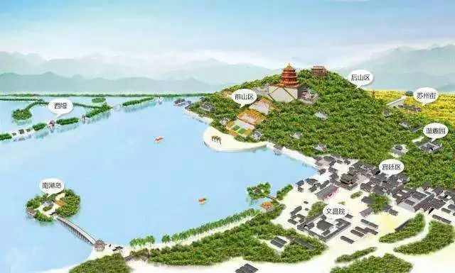 前山前湖景区:前山即万寿山南坡,前湖即昆明湖,占全园面积的88%.