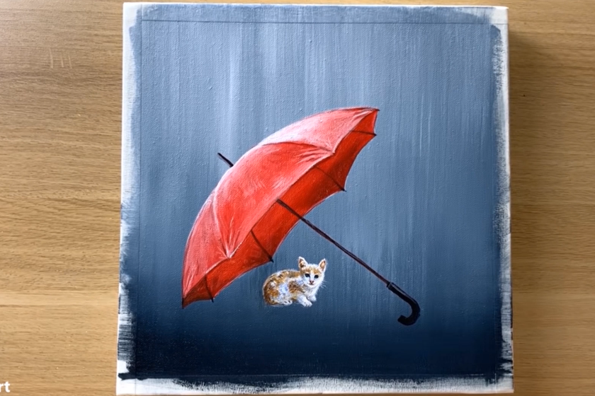 [初学者教程]亚克力油画丙烯颜料绘画-雨中小猫