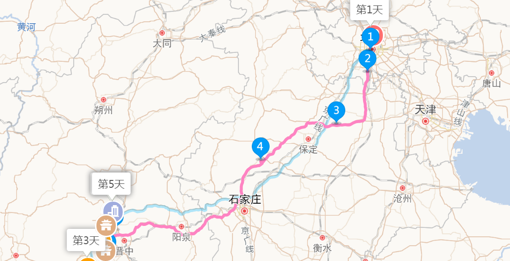 先沿g45大廣高速再轉g18榮烏高速,在徐水轉g5京昆高速,全程555km.