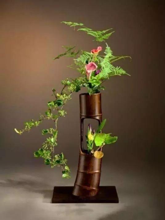 下垂式:又称悬崖式,第一主枝在花器上悬挂而下为造型特征的插花.