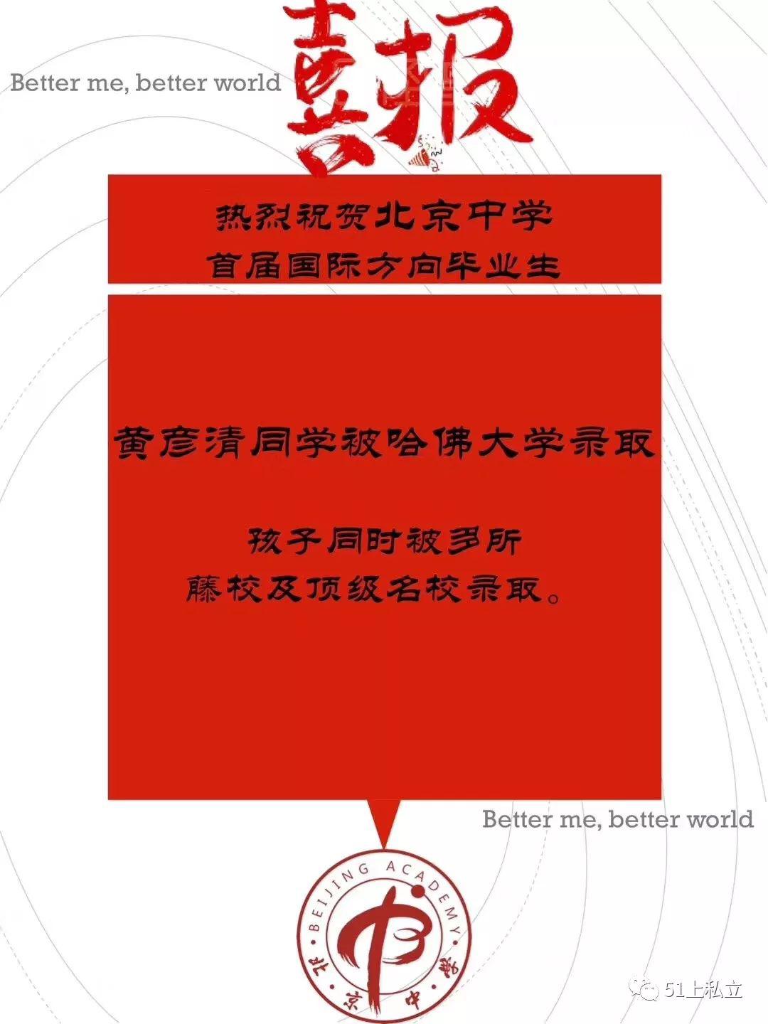 热烈祝贺北京中学首届国际方向毕业生黄彦清被哈佛大学录取,孩子同时