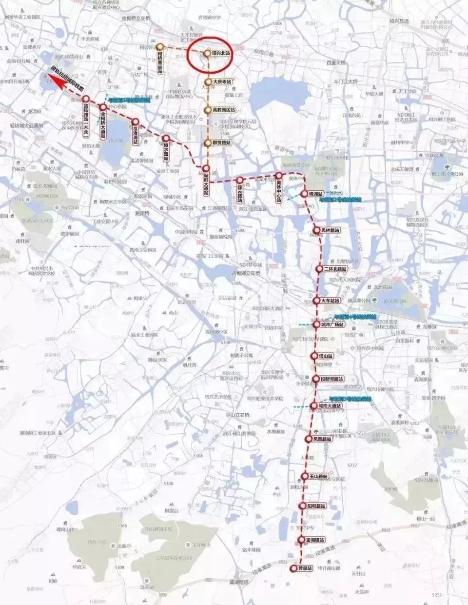 绍兴地铁线的线路,也很容易理解:杭州地铁线,从钱江新城,到西湖