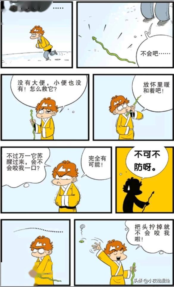 阿衰遇到一条冻僵的蛇为救它放在火里烤