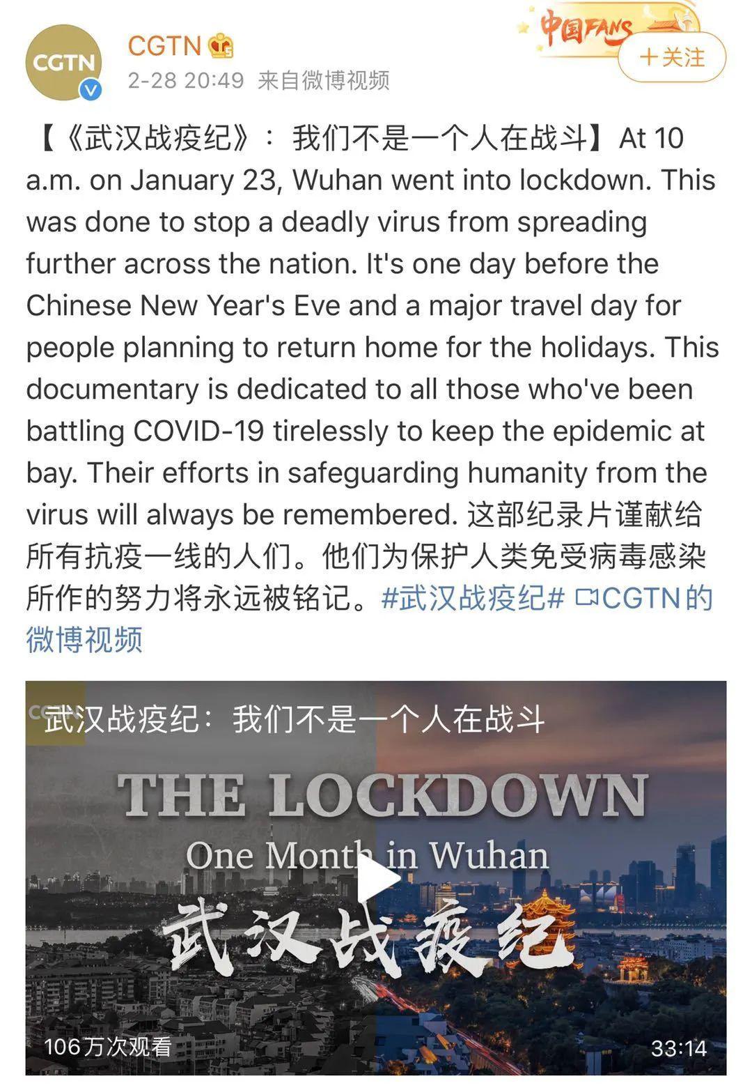 cgtn英文纪录片武汉战疫纪刷爆外网播放量超千万次它的名字翻译太妙了