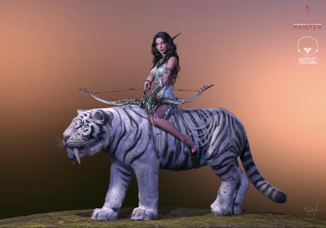 国外魔兽玩家3d模型作品 月女泰兰德与她的白虎坐骑