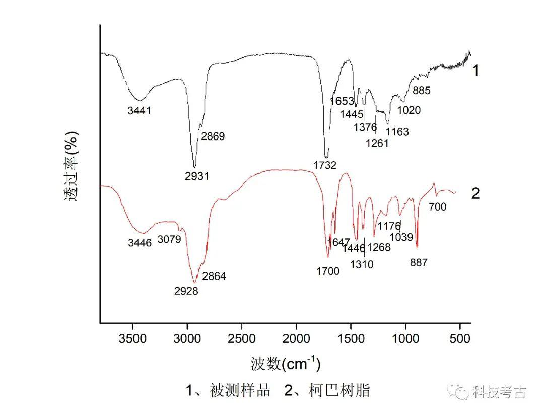 出土琥珀的紅外光譜圖與柯巴樹脂紅外光譜對比圖