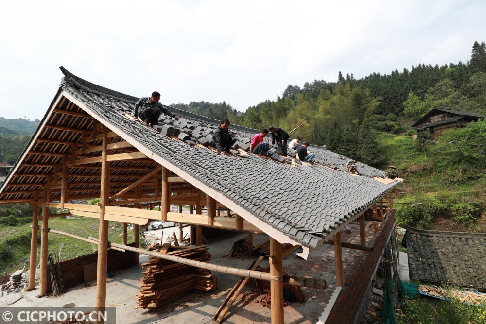 湖南通道:侗寨修建新楼 逐梦小康情怀_吊脚楼