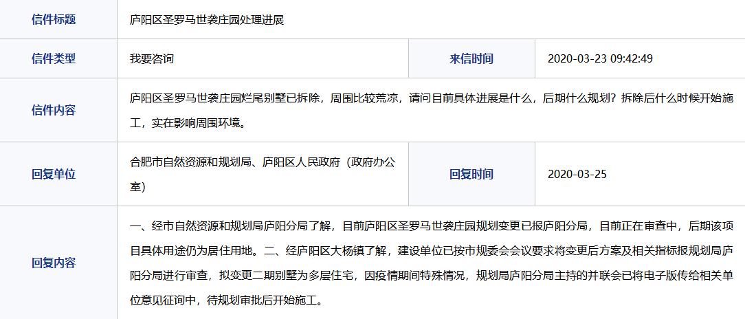 庐阳区圣罗马世袭庄园规划拟变更二期别墅或变为多层住宅