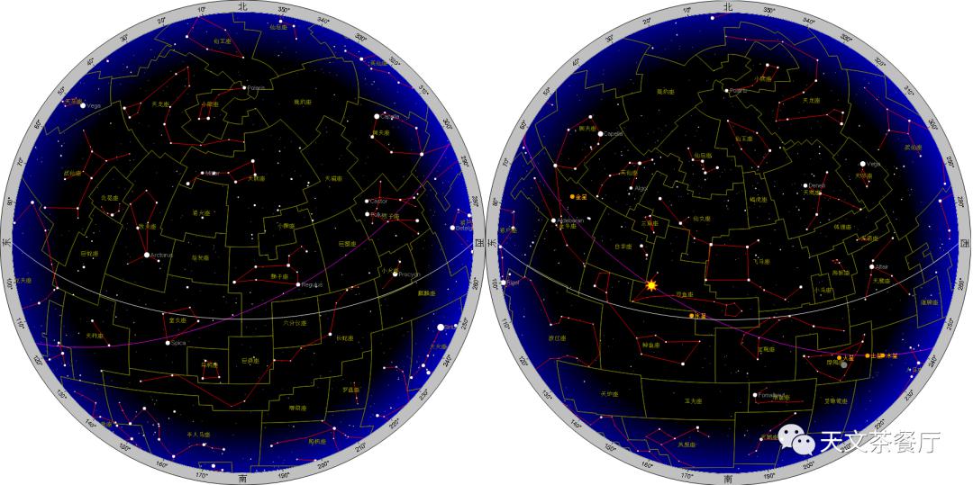 2020年4月15日22时(左)与2020年4月16日10时(右)星图(来源:heavens