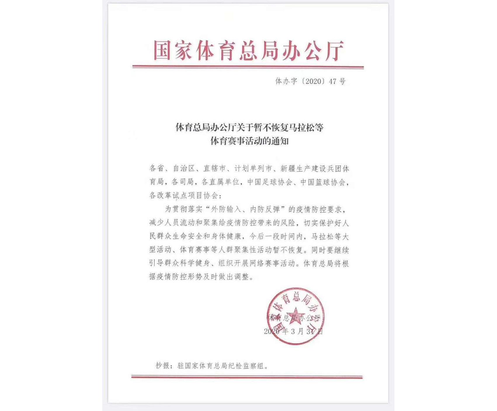 国家体育总局发文称聚集性活动暂不恢复中超cba及马拉松赛事继续延后